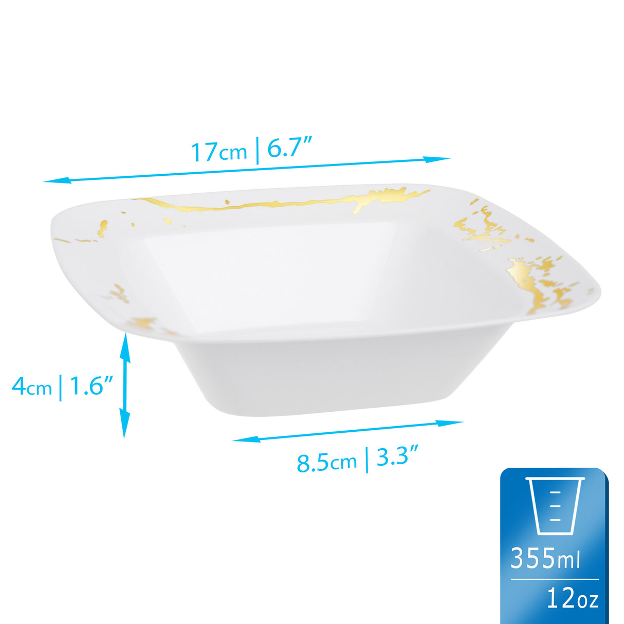 10 Pack Elegant White and Gold Marble-Look Square Hard Plastic 12oz Bowls - Decodine