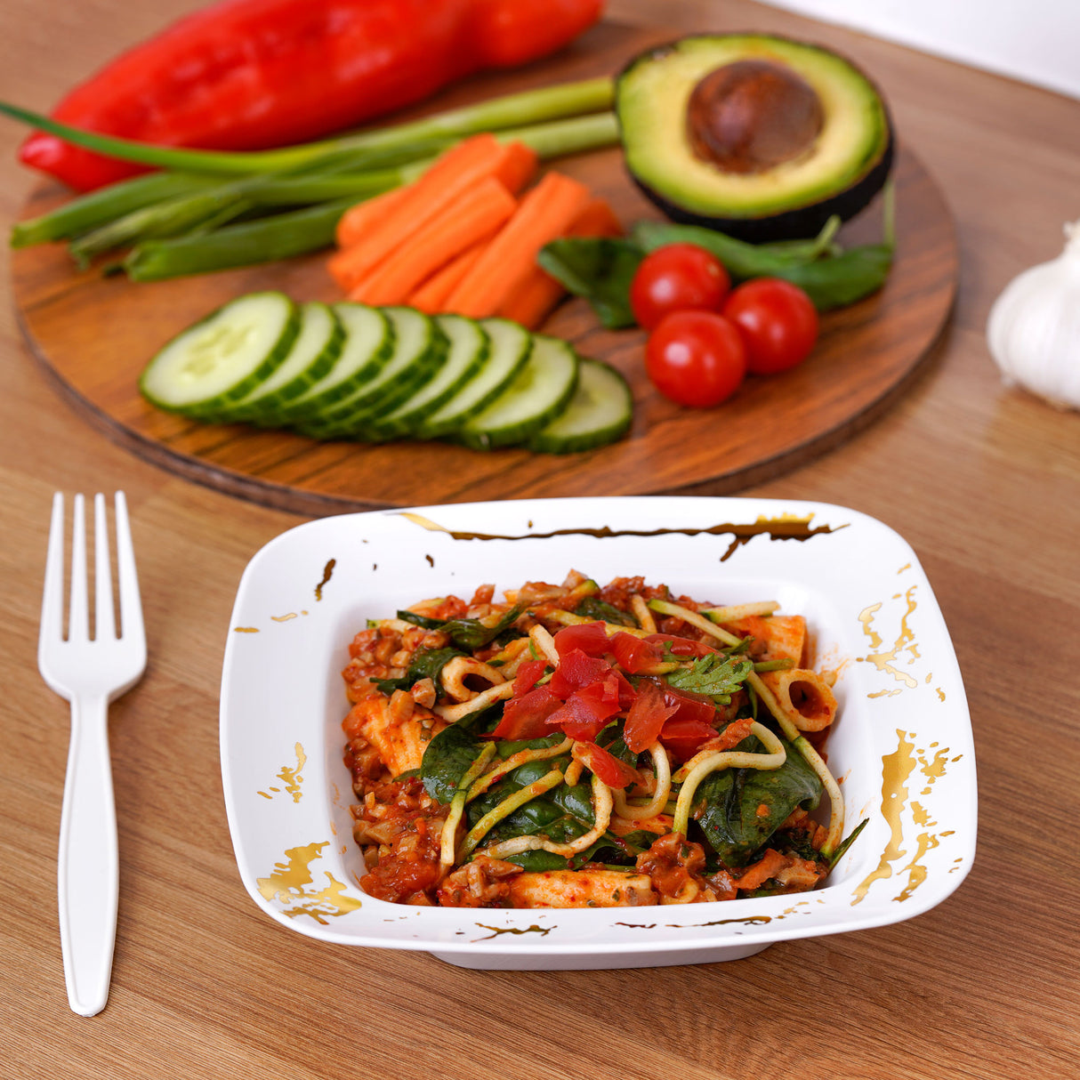 10 Pack Elegant White and Gold Marble-Look Square Hard Plastic 12oz Bowls - Decodine