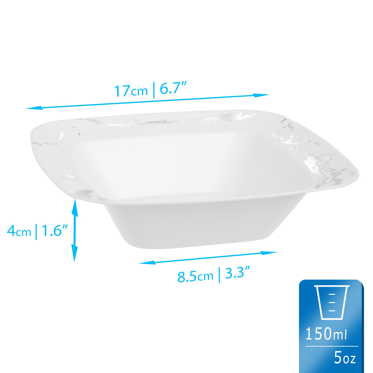 10 Pack Elegant White and Silver Marble-Look Square Hard Plastic 12oz Bowls - Decodine