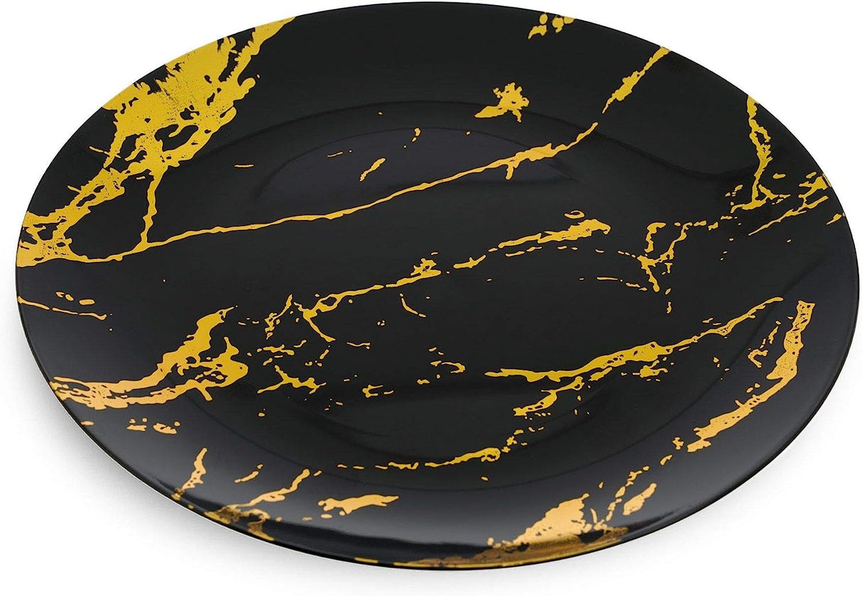 10 Pack Hard Plastic 10" Plates - Marble Look Black and Gold - Decodine