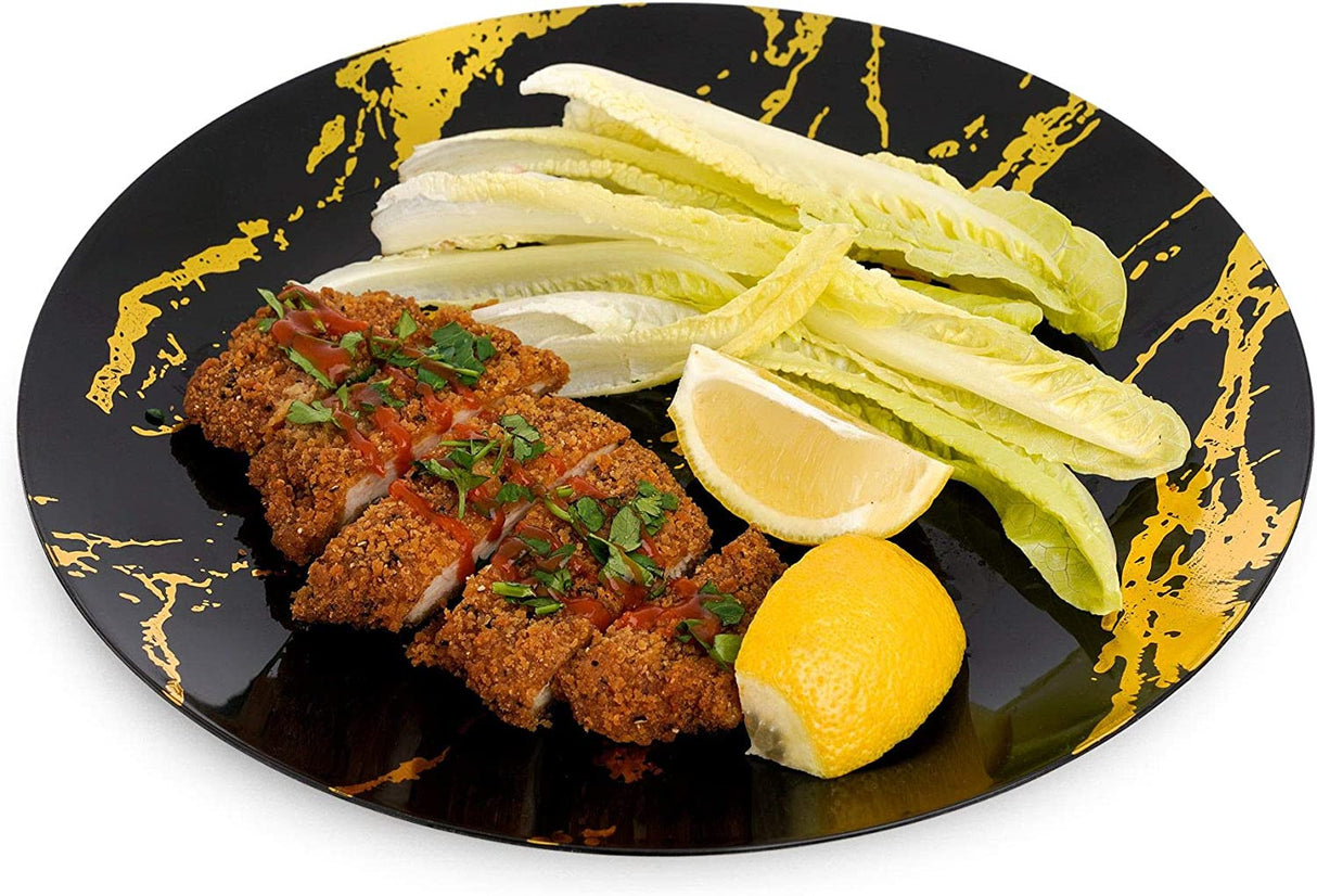 10 Pack Hard Plastic 10" Plates - Marble Look Black and Gold - Decodine