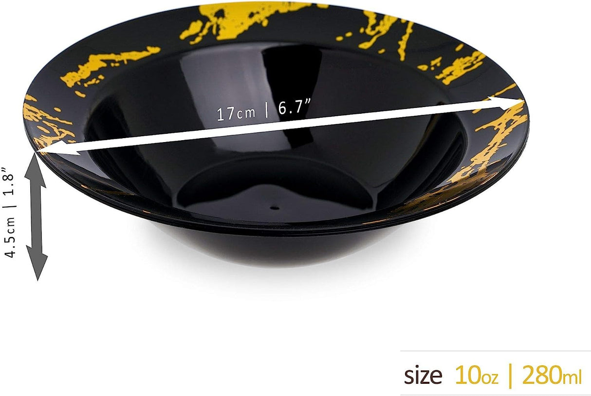 10 Pack Hard Plastic 10oz Soup/Party Bowls - Marble Look Black and Gold - Decodine