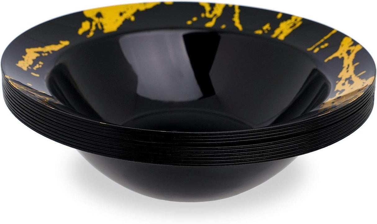 10 Pack Hard Plastic 10oz Soup/Party Bowls - Marble Look Black and Gold - Decodine