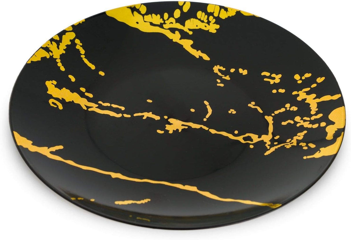 10 Pack Hard Plastic 6" Dessert Plates - Marble Look Black and Gold - Decodine
