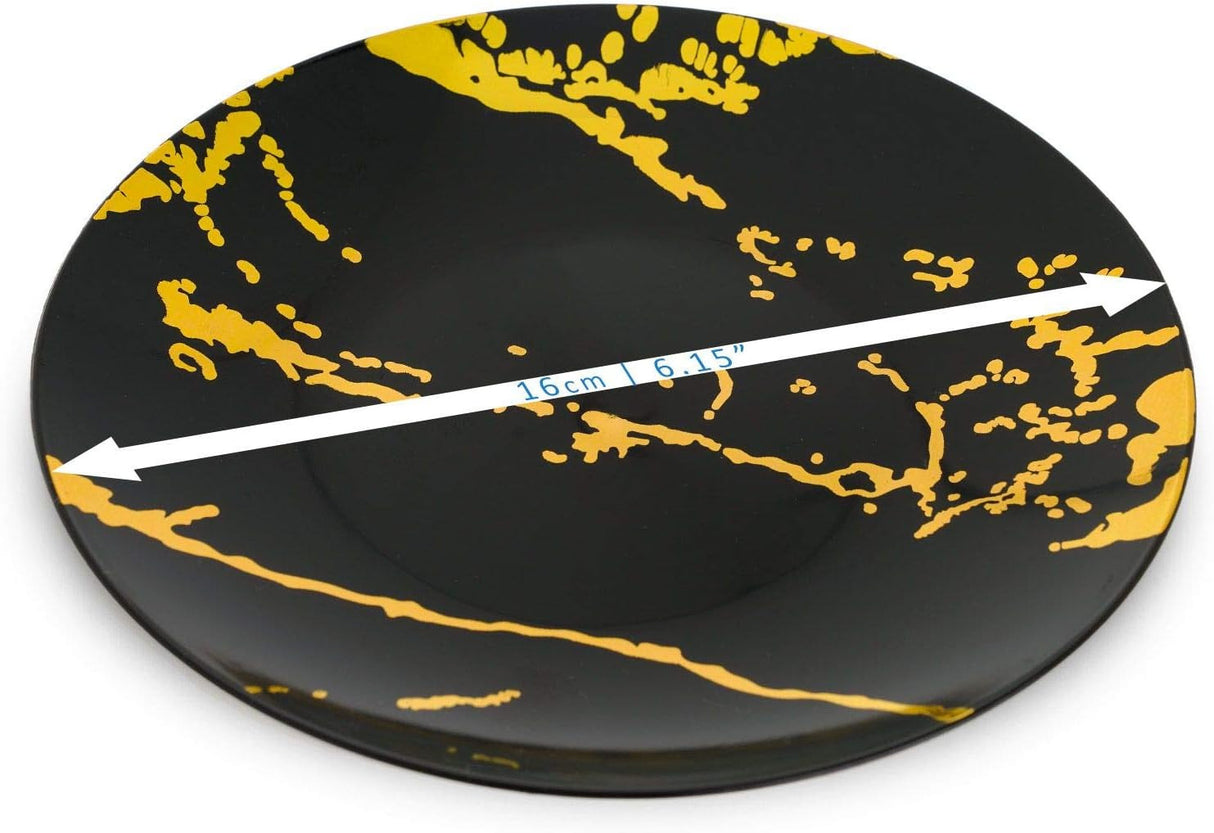 10 Pack Hard Plastic 6" Dessert Plates - Marble Look Black and Gold - Decodine