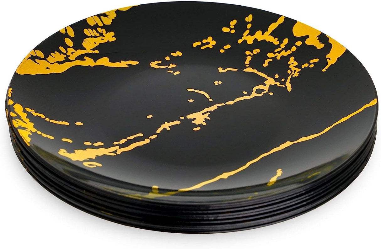 10 Pack Hard Plastic 6" Dessert Plates - Marble Look Black and Gold - Decodine