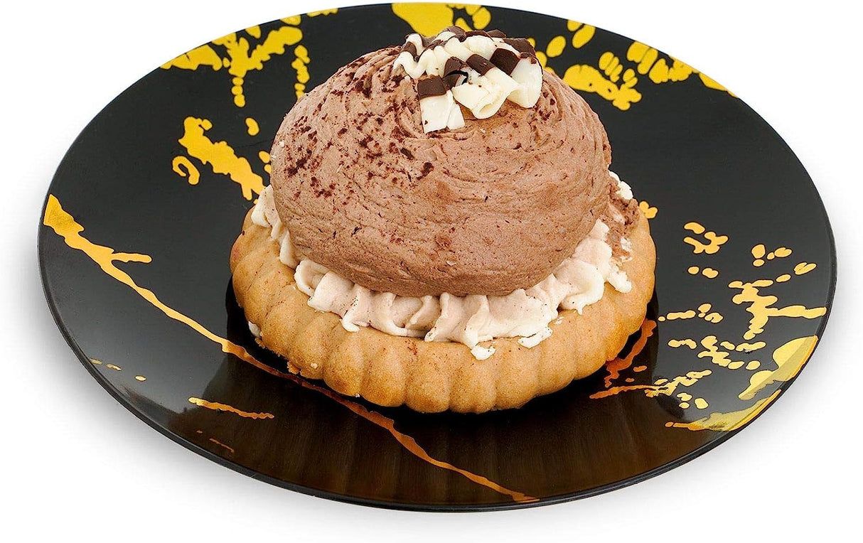 10 Pack Hard Plastic 6" Dessert Plates - Marble Look Black and Gold - Decodine