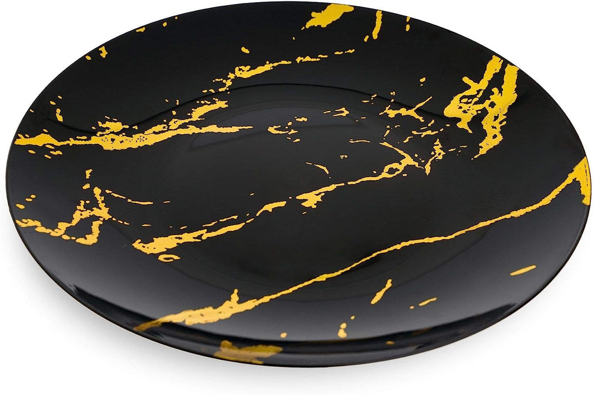 10 Pack Hard Plastic 8" Plates - Marble Look Black and Gold - Decodine