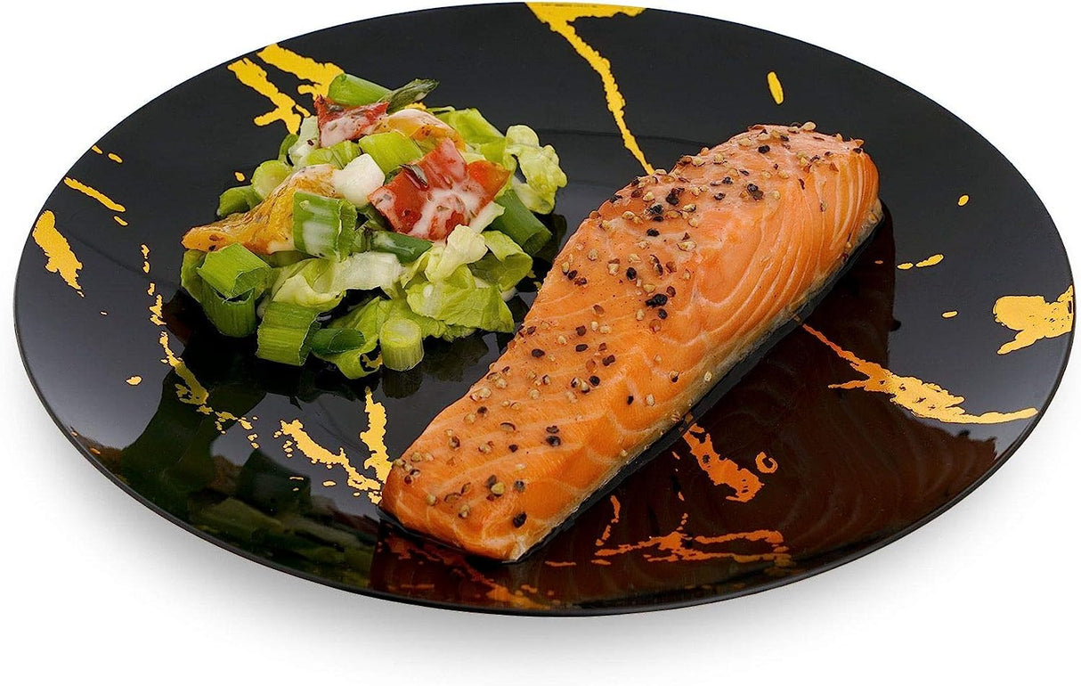 10 Pack Hard Plastic 8" Plates - Marble Look Black and Gold - Decodine