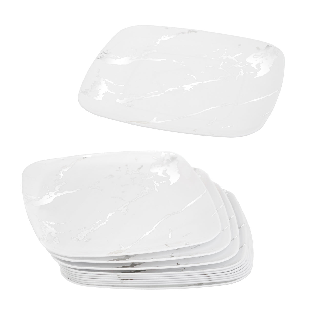 10 Pack White and Silver Marble-Look Small Square 6" Hard Plastic Plates - Decodine