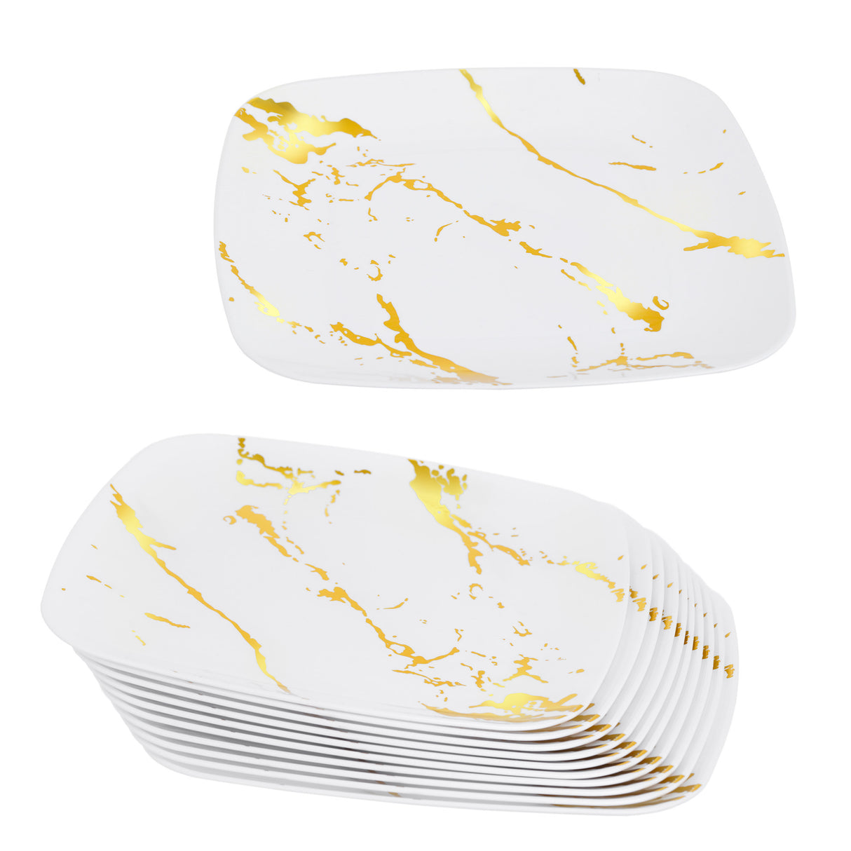 10 Pack White and Gold Marble-Look Square 8.5" Dinner Plates - Decodine