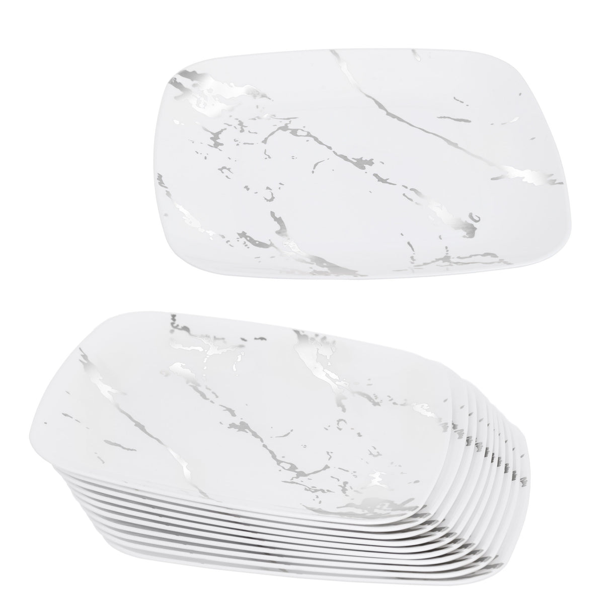 10 Pack White and Silver Marble-Look Square 8.5" Dinner Plates - Decodine