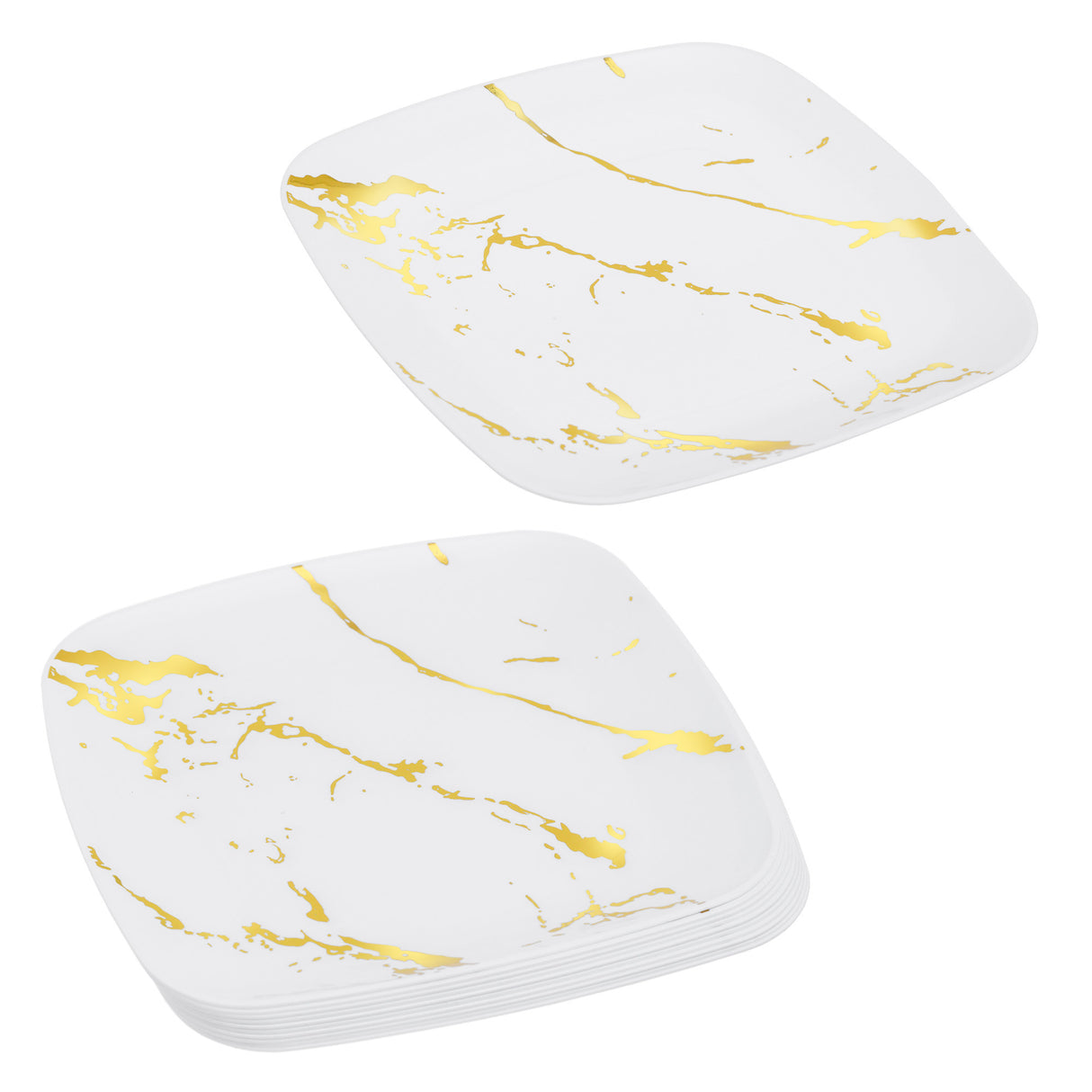 10 Pack White and Gold Marble-Look Square 7.5" Dinner Plates - Decodine