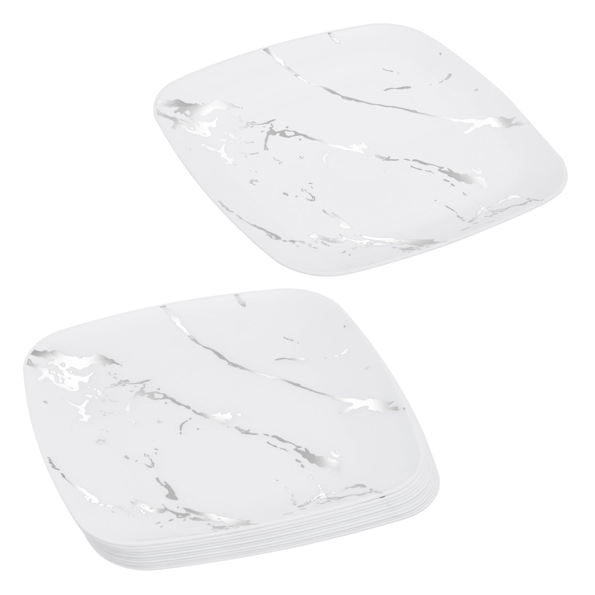 10 Pack White and Silver Marble-Look Square 7.5" Dinner Plates - Decodine