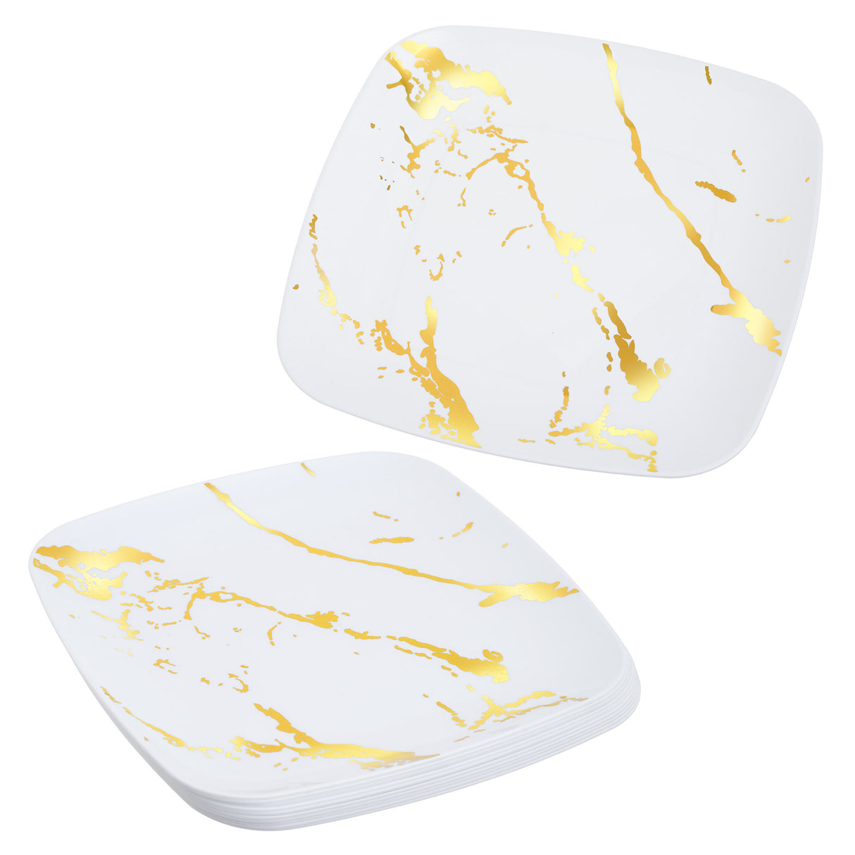 10 Pack White and Gold Marble-Look Square 10" Dinner Plates - Decodine