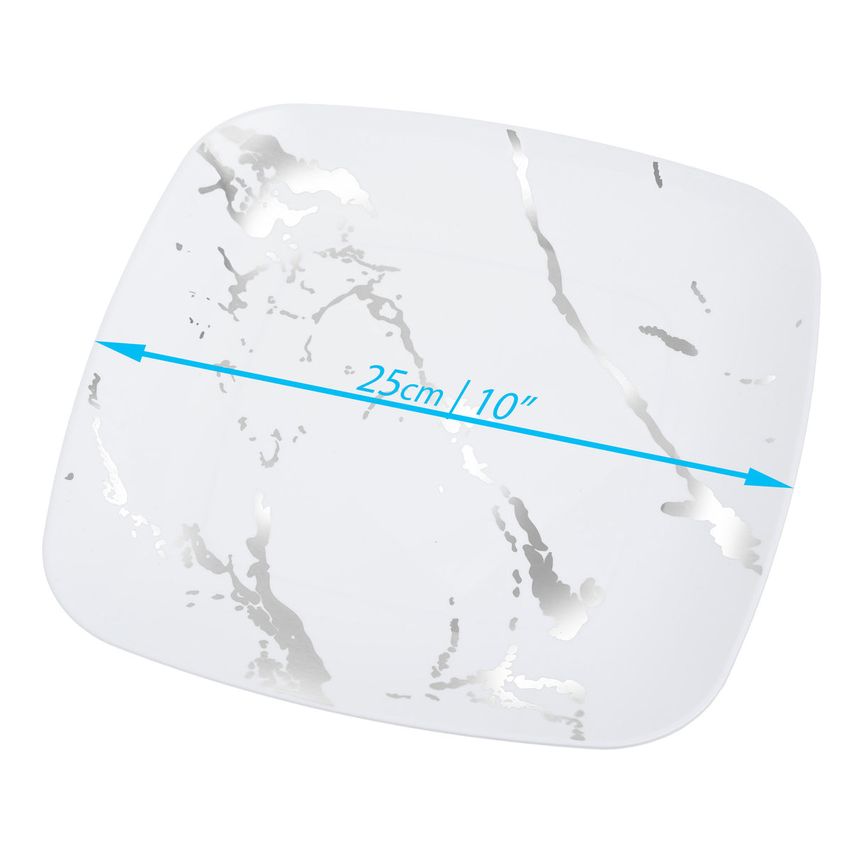 10 Pack White and Silver Marble-Look Square 10" Dinner Plates - Decodine