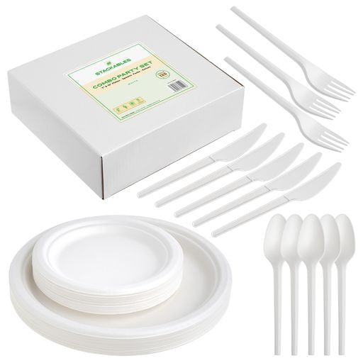 125 Pieces Disposable White Party Set - Plates and Cutlery Set - Decodine