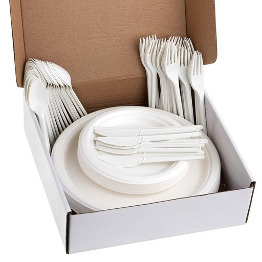 125 Pieces Disposable White Party Set - Plates and Cutlery Set - Decodine