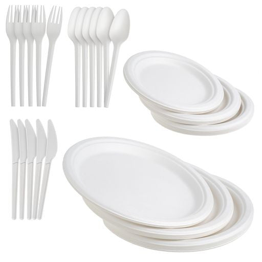 125 Pieces Disposable White Party Set - Plates and Cutlery Set - Decodine