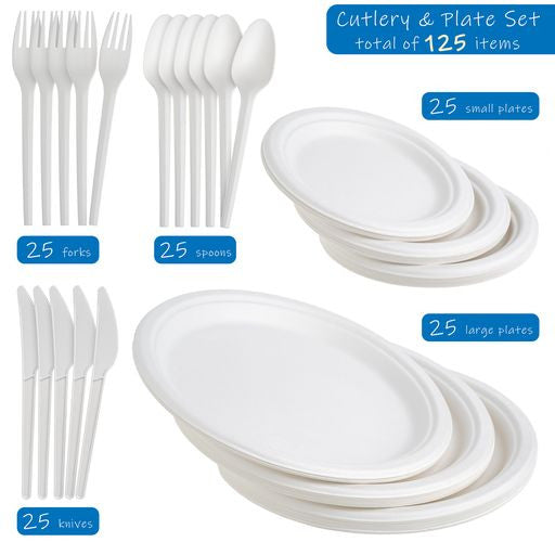 125 Pieces Disposable White Party Set - Plates and Cutlery Set - Decodine