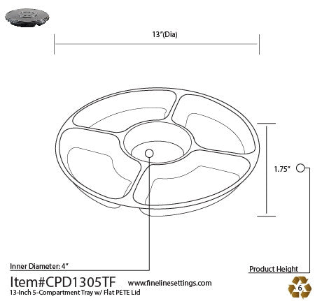 13" Round 5 Sectional Compartment Tray with Flat PETE Lid - Decodine