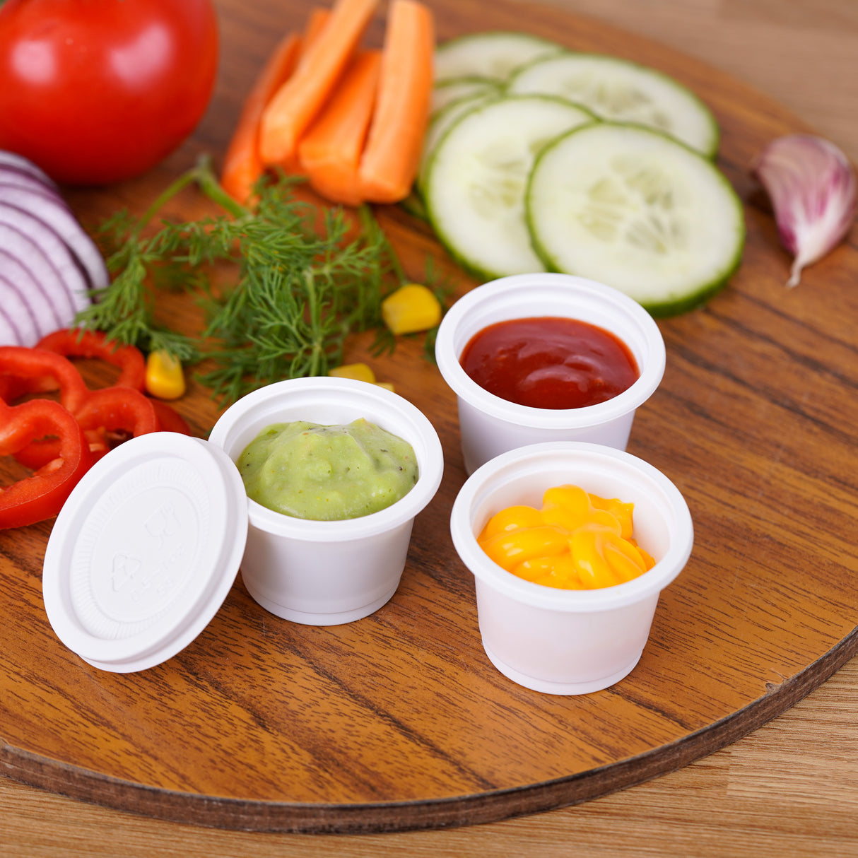 150 Pack Eco-Friendly 1oz (30ml) Cornstarch Containers with Lids - Compostable and Portable - Decodine