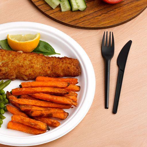 150pcs Cutlery Set Black Biodegradable CPLA Spoons Forks & Knives - Decodine