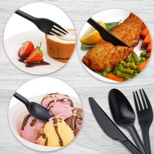 150pcs Cutlery Set Black Biodegradable CPLA Spoons Forks & Knives - Decodine
