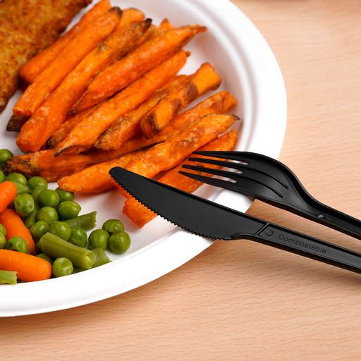 150pcs Cutlery Set Black Biodegradable CPLA Spoons Forks & Knives - Decodine