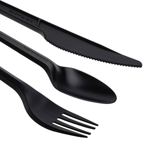 150pcs Cutlery Set Black Biodegradable CPLA Spoons Forks & Knives - Decodine