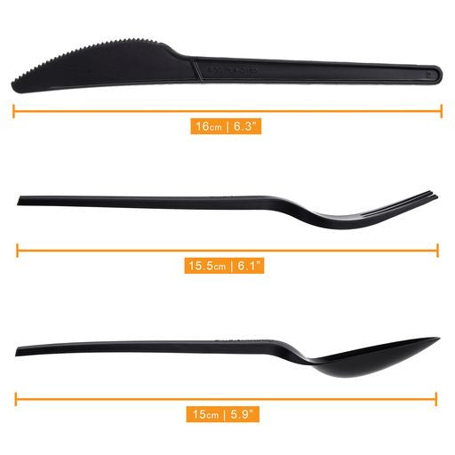 150pcs Cutlery Set Black Biodegradable CPLA Spoons Forks & Knives - Decodine