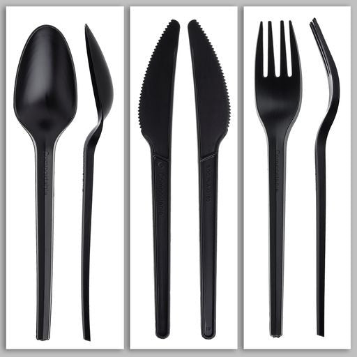 150pcs Cutlery Set Black Biodegradable CPLA Spoons Forks & Knives - Decodine