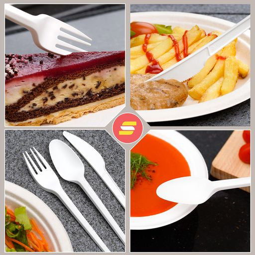 150pcs Cutlery Set White Biodegradable CPLA Spoons Forks & Knives - Decodine