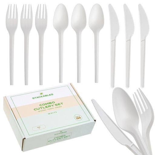 150pcs Cutlery Set White Biodegradable CPLA Spoons Forks & Knives - Decodine