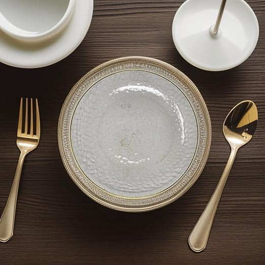 20 Pack 9" Plastic Plates Hammered Designed with Gold Glitter & Gold Rim - Decodine