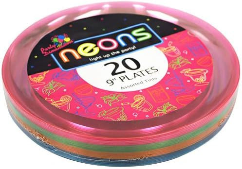 20 Pack 9" Assorted Colored Hard Plastic Plates - Neon Red, Purple, Blue, and Green - Decodine