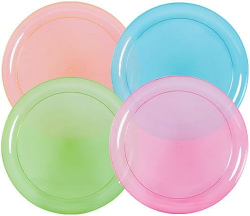 20 Pack 9" Assorted Colored Hard Plastic Plates - Neon Red, Purple, Blue, and Green - Decodine