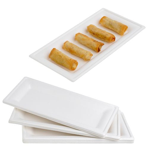25 Pack 5"x10" Bagasse Rectangular Disposable Serving Tray/Platter - Decodine