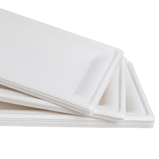 25 Pack 5"x10" Bagasse Rectangular Disposable Serving Tray/Platter - Decodine