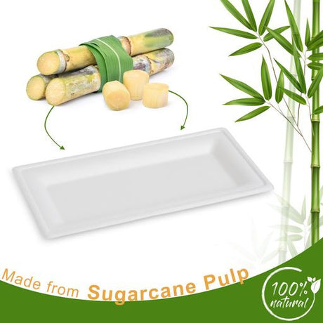 25 Pack 5"x10" Bagasse Rectangular Disposable Serving Tray/Platter - Decodine
