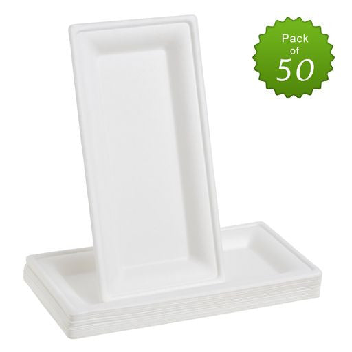 25 Pack 5"x10" Bagasse Rectangular Disposable Serving Tray/Platter - Decodine