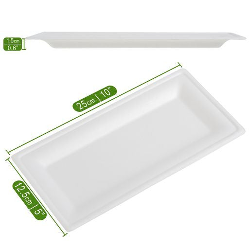 25 Pack 5"x10" Bagasse Rectangular Disposable Serving Tray/Platter - Decodine