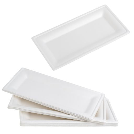 25 Pack 5"x10" Bagasse Rectangular Disposable Serving Tray/Platter - Decodine