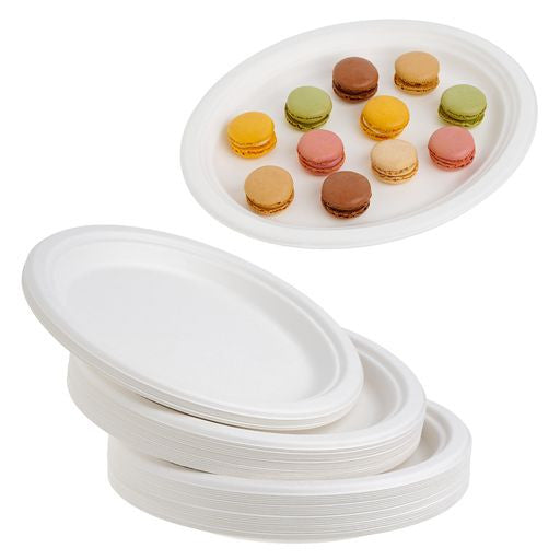 25 Pack Bagasse White Oval Serving Trays/Platters - Decodine