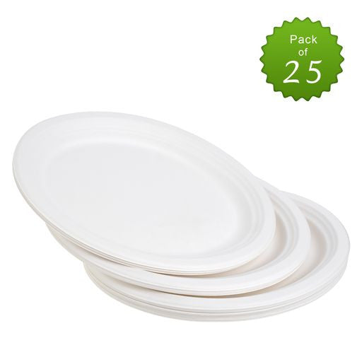 25 Pack Bagasse White Oval Serving Trays/Platters - Decodine