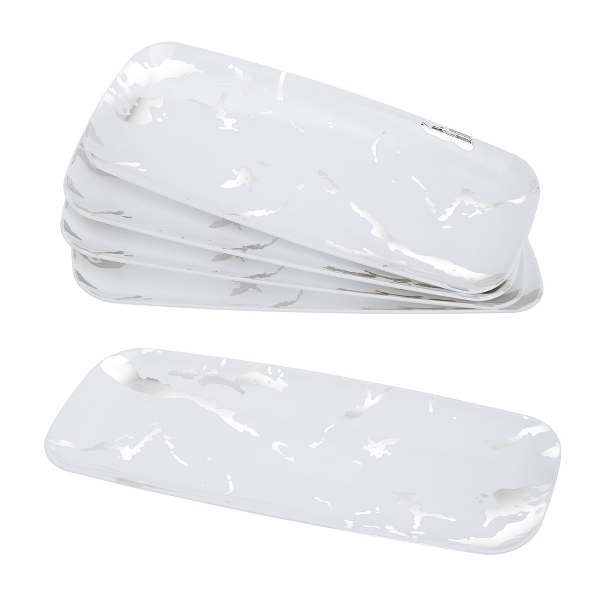 4 Pack Elegant White and Silver Marble-Look Small Plastic Tray - Decodine