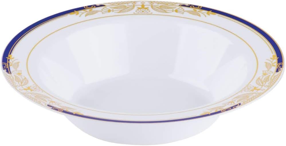 10 Pack China-Look Round Hard Plastic 12oz Bowls - White/Gold/Cobalt Blue - Decodine