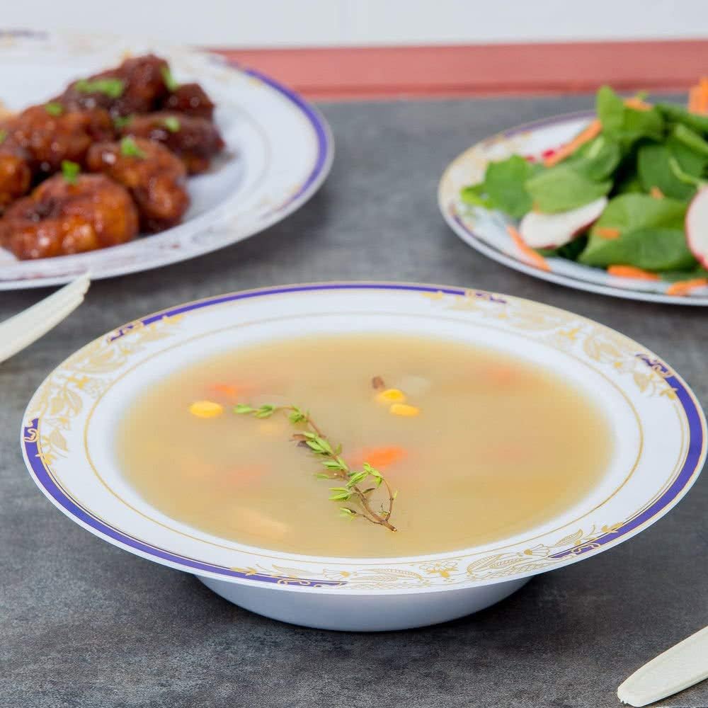 10 Pack China-Look Round Hard Plastic 12oz Bowls - White/Gold/Cobalt Blue - Decodine