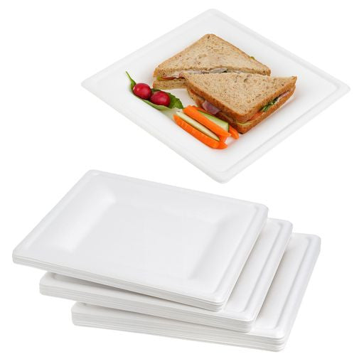 50 Pack 10" Square Bagasse White Disposable Plates/Trays - Decodine