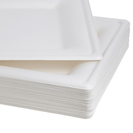 50 Pack 10" Square Bagasse White Disposable Plates/Trays - Decodine